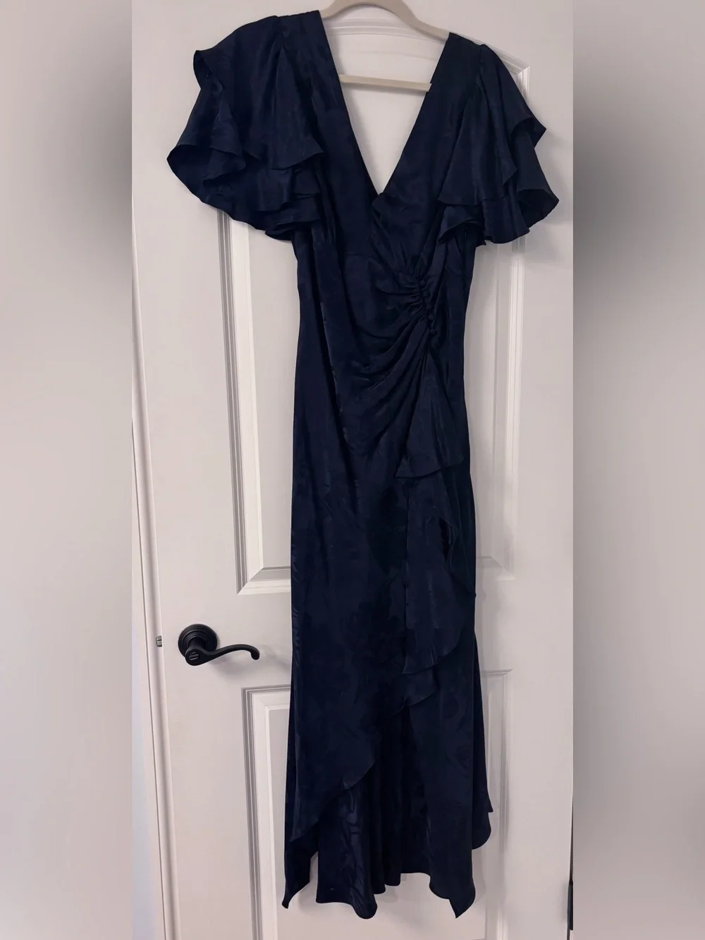 Tanya Taylor Navy Floral Jacquard High-Low Wrap Dress